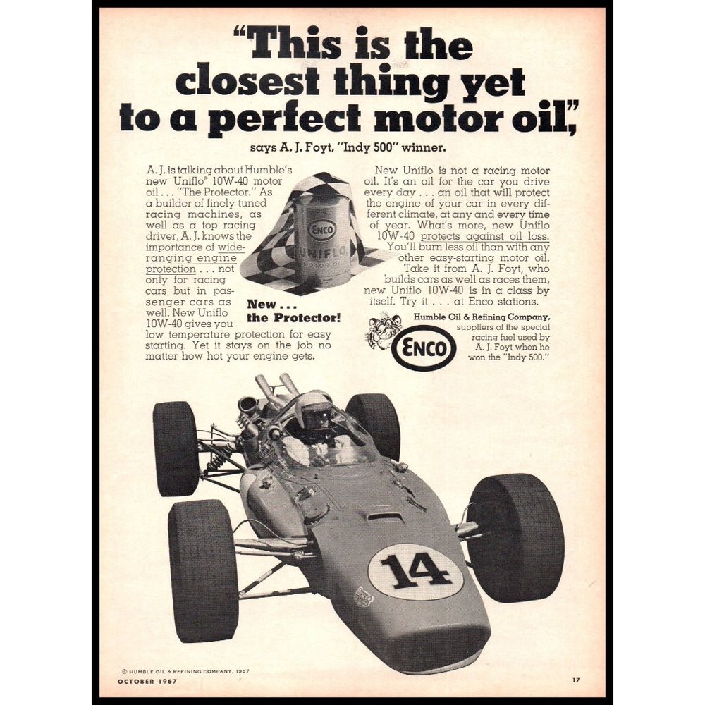 1967 Enco Uniflo Motor Oil Vintage Print Ad Indy Open Wheel Racing Wall Art
